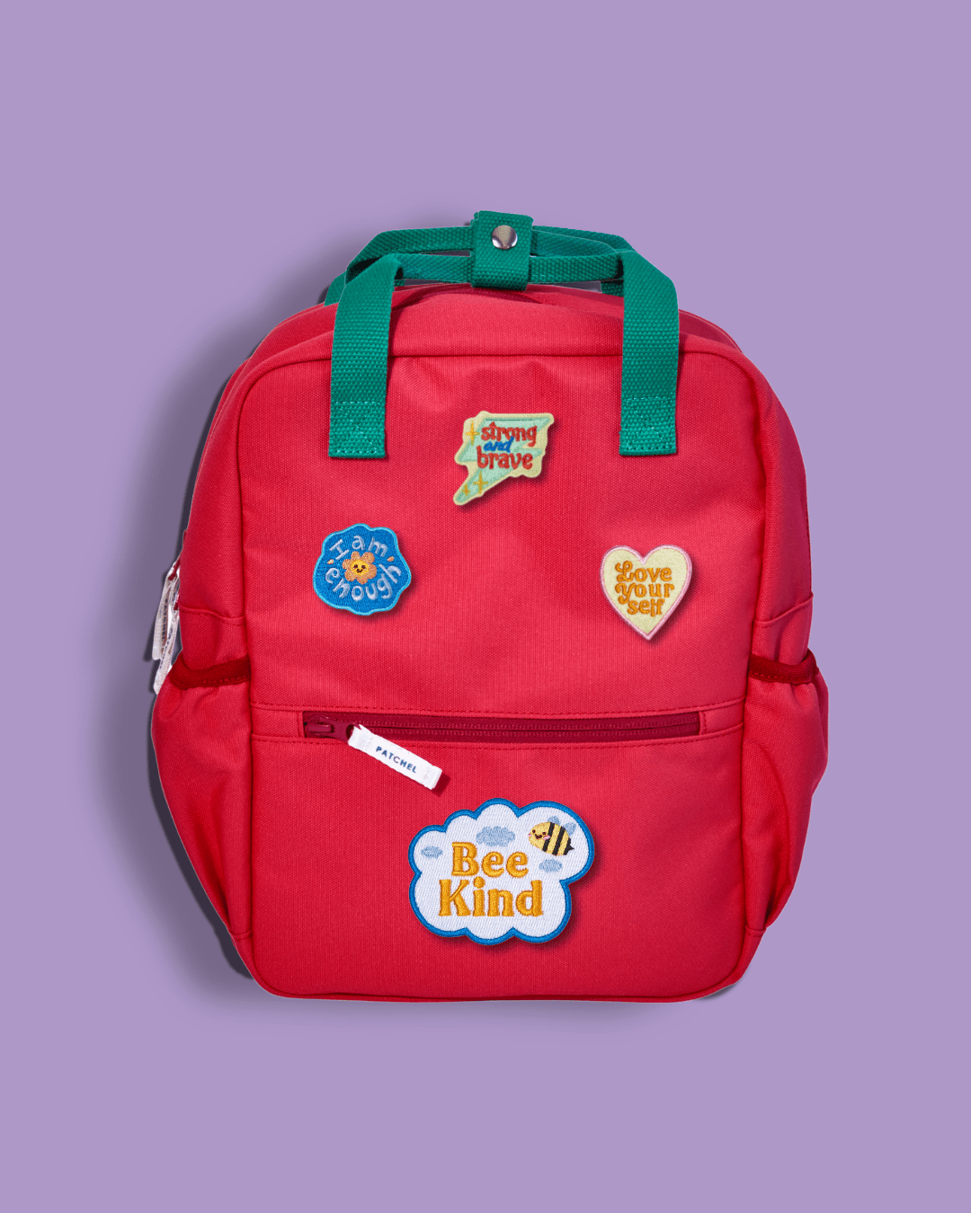 Watermelon Pink Patchel kids' backpack with swappable hook and loop patches in Bee Kind, I Am Enough, Strong and Brave and Love Yourself