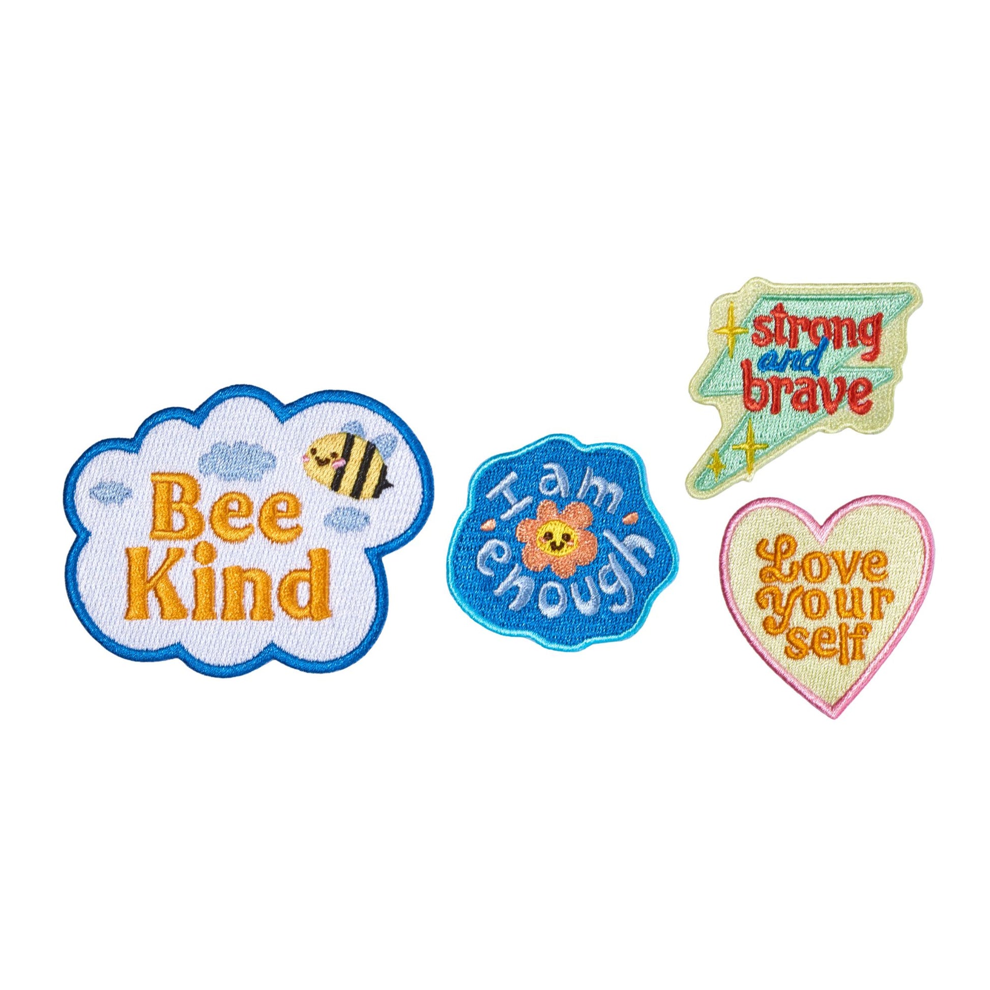 Positivity swappable backpack patch pack featuring Love Yourself, I Am Enough, Bee Kind and Strong and Brave designs