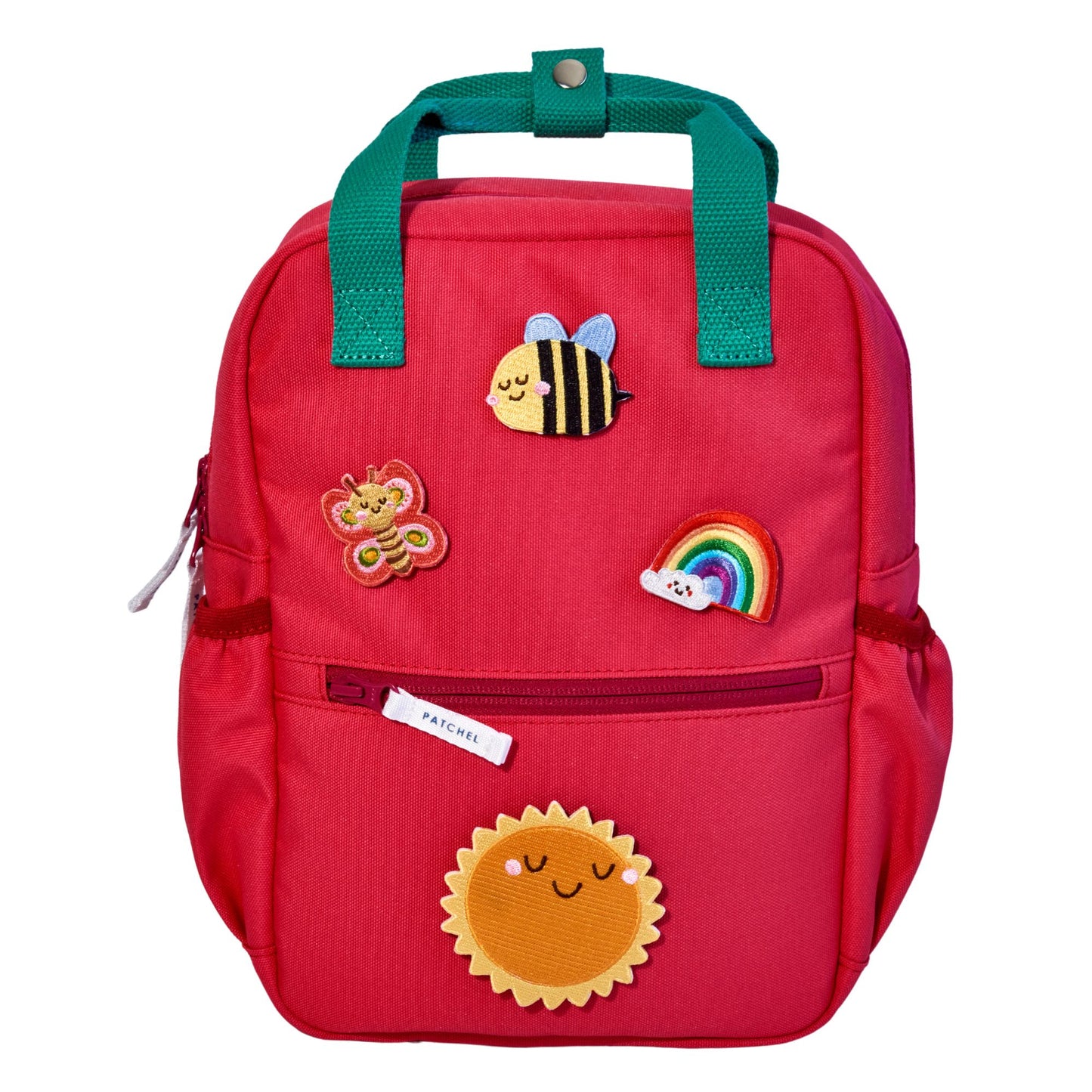 Watermelon Pink Patchel kids' rucksack with Spring Friends patches featuring a bee, rainbow, butterfly and sun