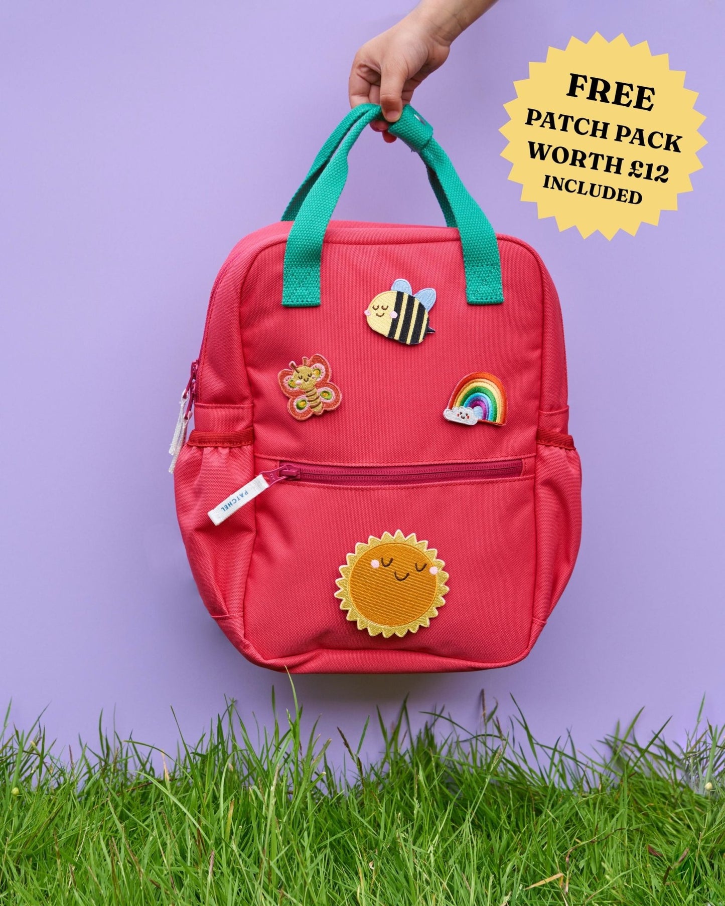 Watermelon Pink Patchel kids' backpack with swappable patches in bee, butterfly, rainbow and sun