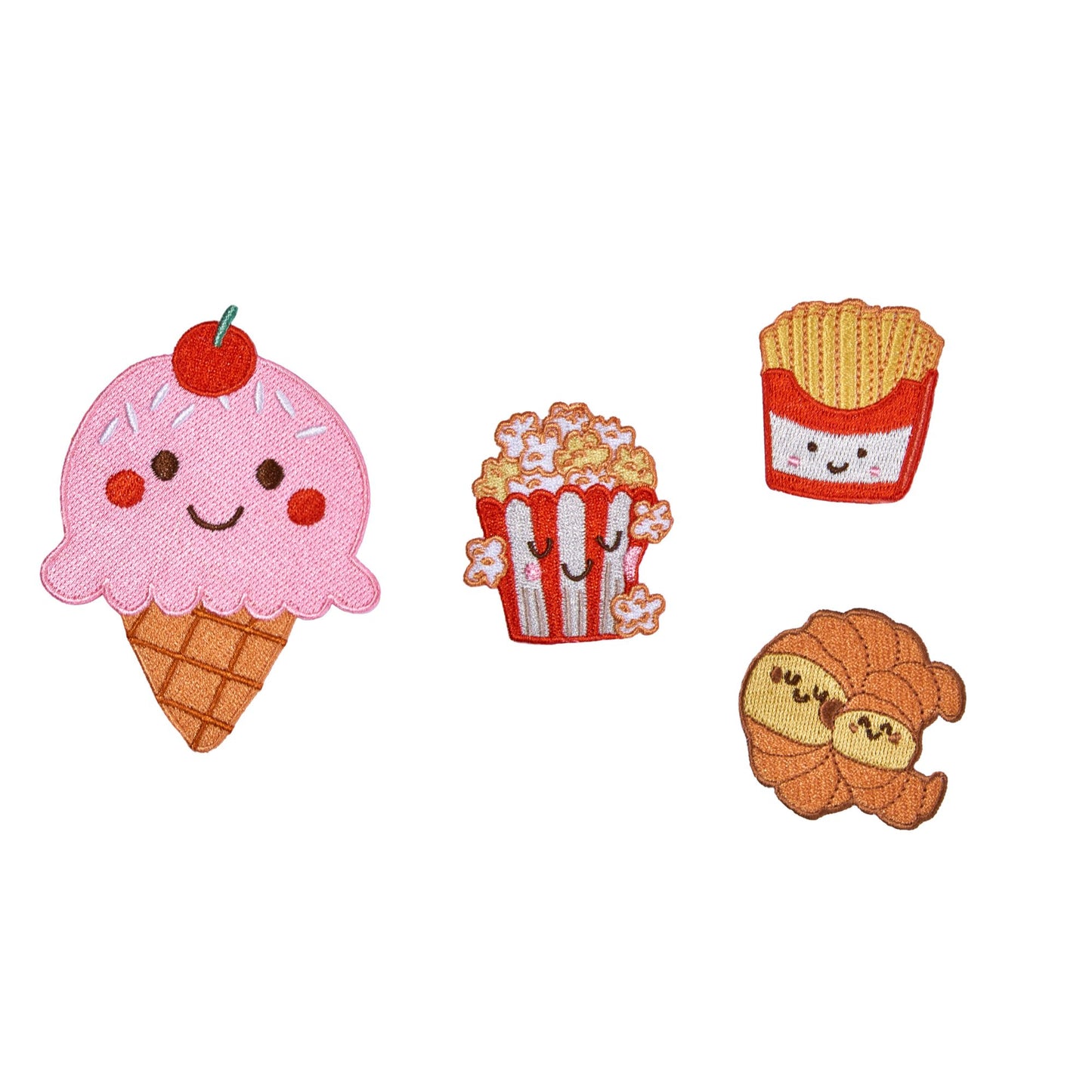 Popcorn Pals swappable backpack patch pack featuring popcorn, ice cream, fries and a croissant