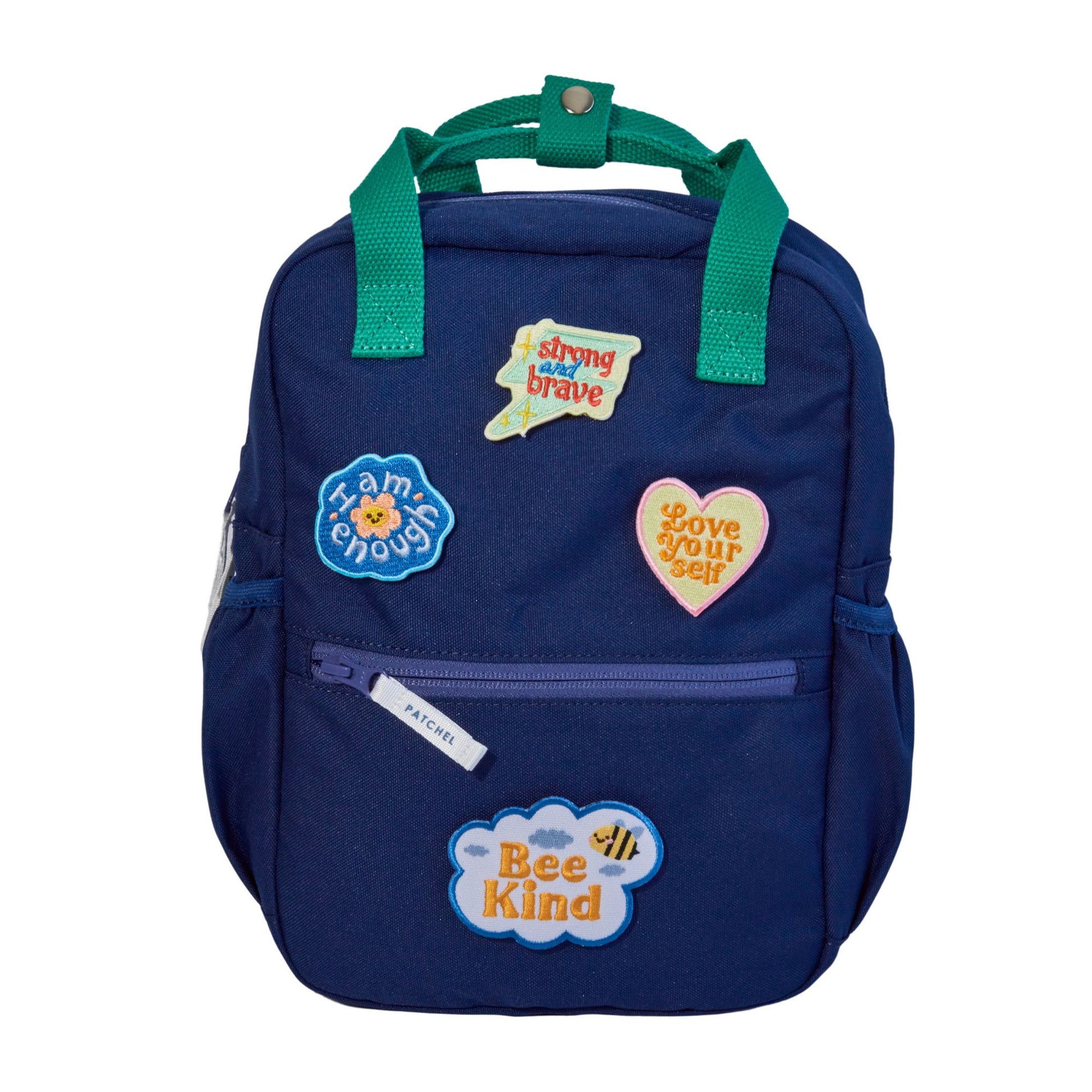 Midnight Blue Patchel customisable children's backpack with Positivity patches featuring uplifting messages