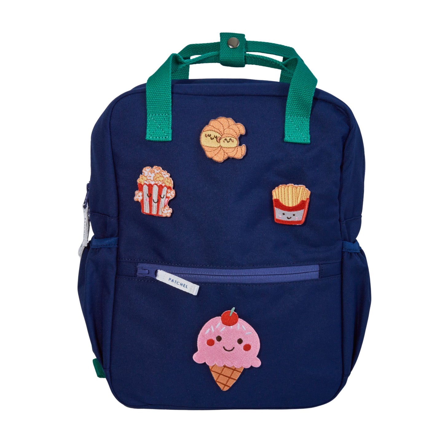 Midnight Blue Patchel customisable children's backpack with Popcorn Pals patches featuring an ice cream, popcorn, fries and croissant