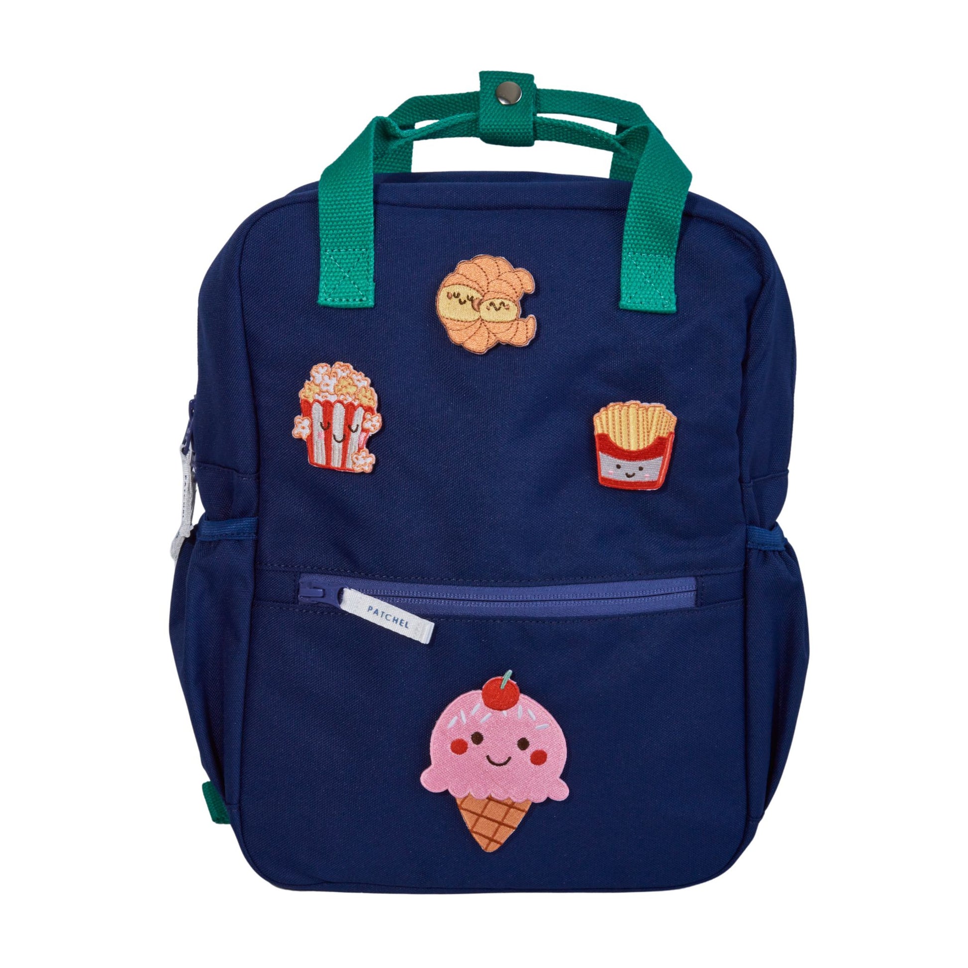 Midnight Blue Patchel customisable children's backpack with Popcorn Pals patches featuring an ice cream, popcorn, fries and croissant
