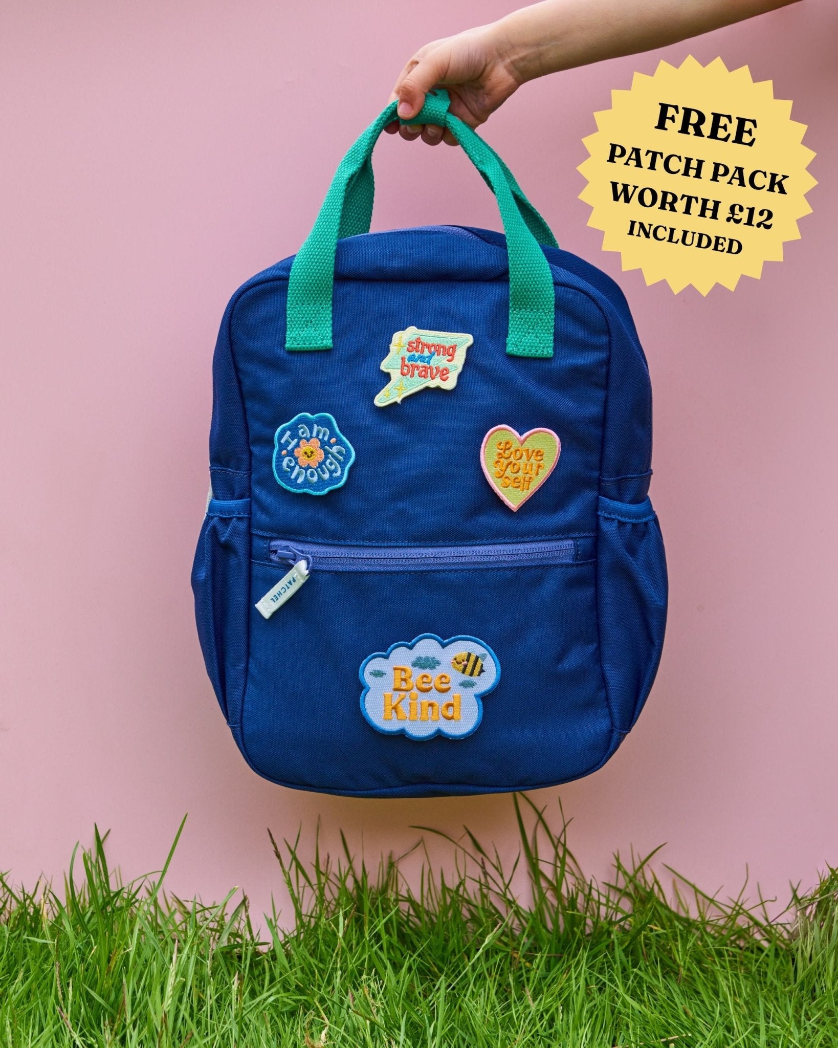 Midnight Blue Patchel kids' backpack with swappable patches with positive affirmations: Strong and Brave, Love Yourself, Bee Kind and I Am Enough