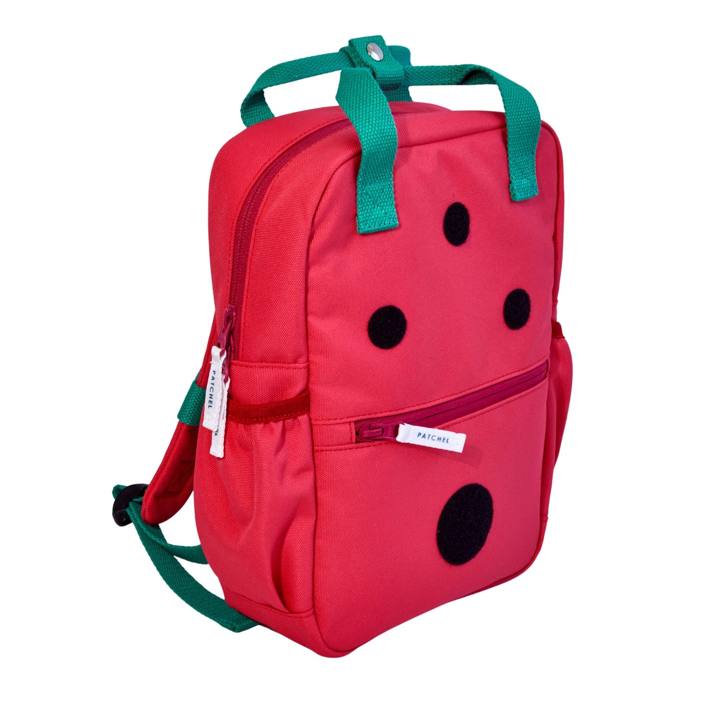 Side view of Watermelon Pink Patchel customisable children's backpack with swappable patches