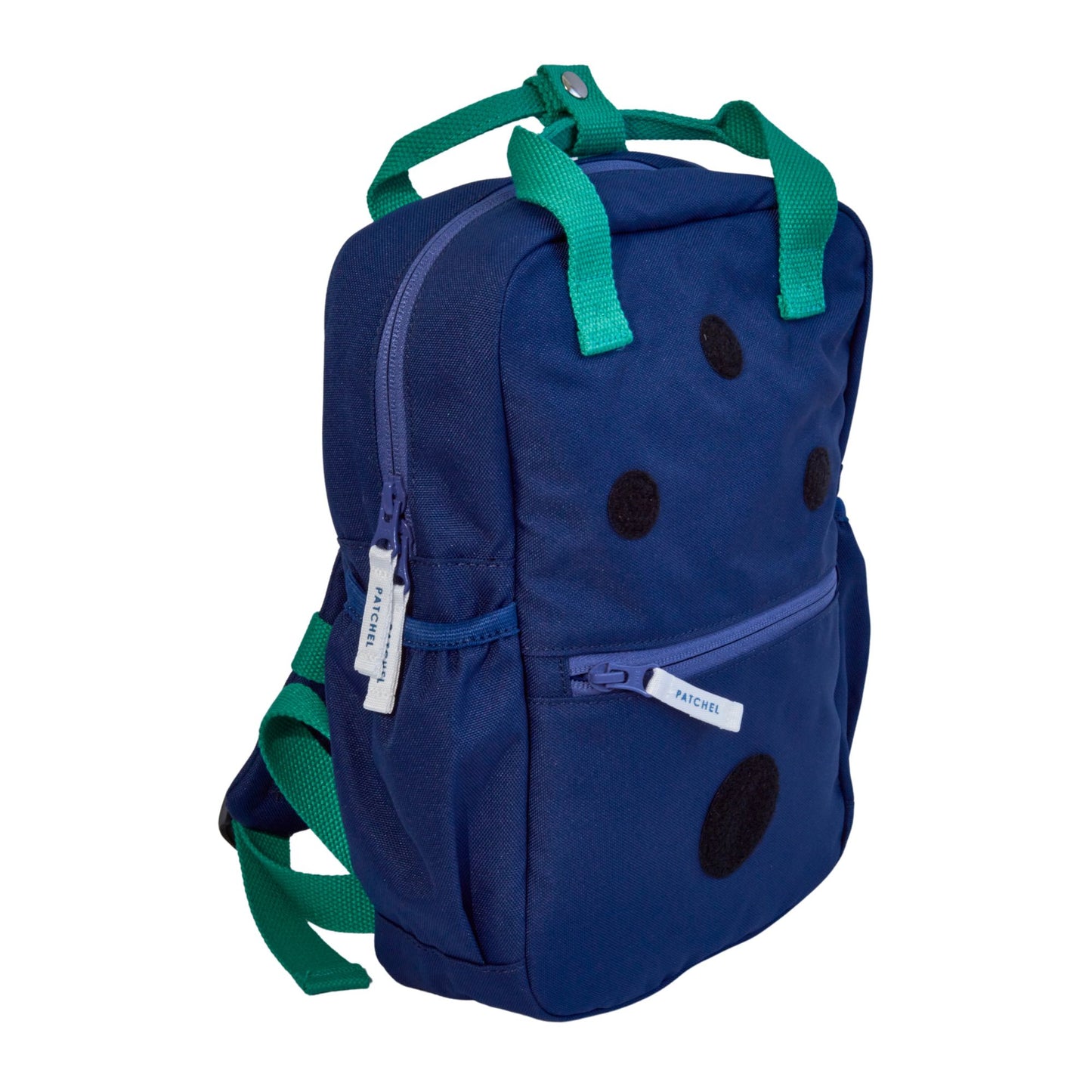 Side view of Midnight Blue Patchel customisable children's backpack with swappable patches