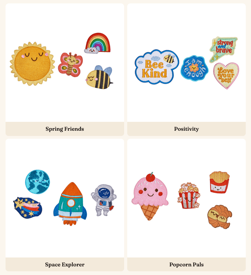 Four themed swappable patch sets for the Patchel backpack: Popcorn Pals, Space Explorers, Positivity and Spring Friends