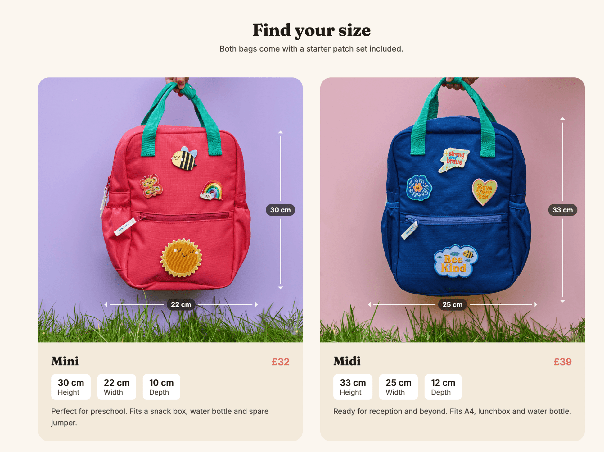 Patchel Mini and Midi children's backpacks compared side by side, showing ideal sizes for preschool and primary school