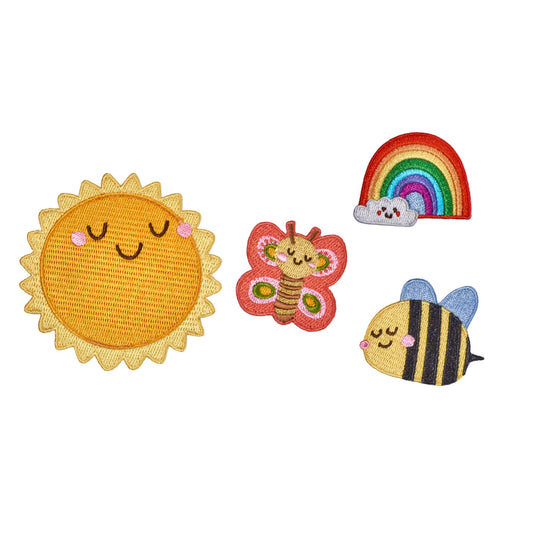 Spring Friends swappable patch pack featuring a bee, rainbow, butterfly and sun for the Patchel children's backpack