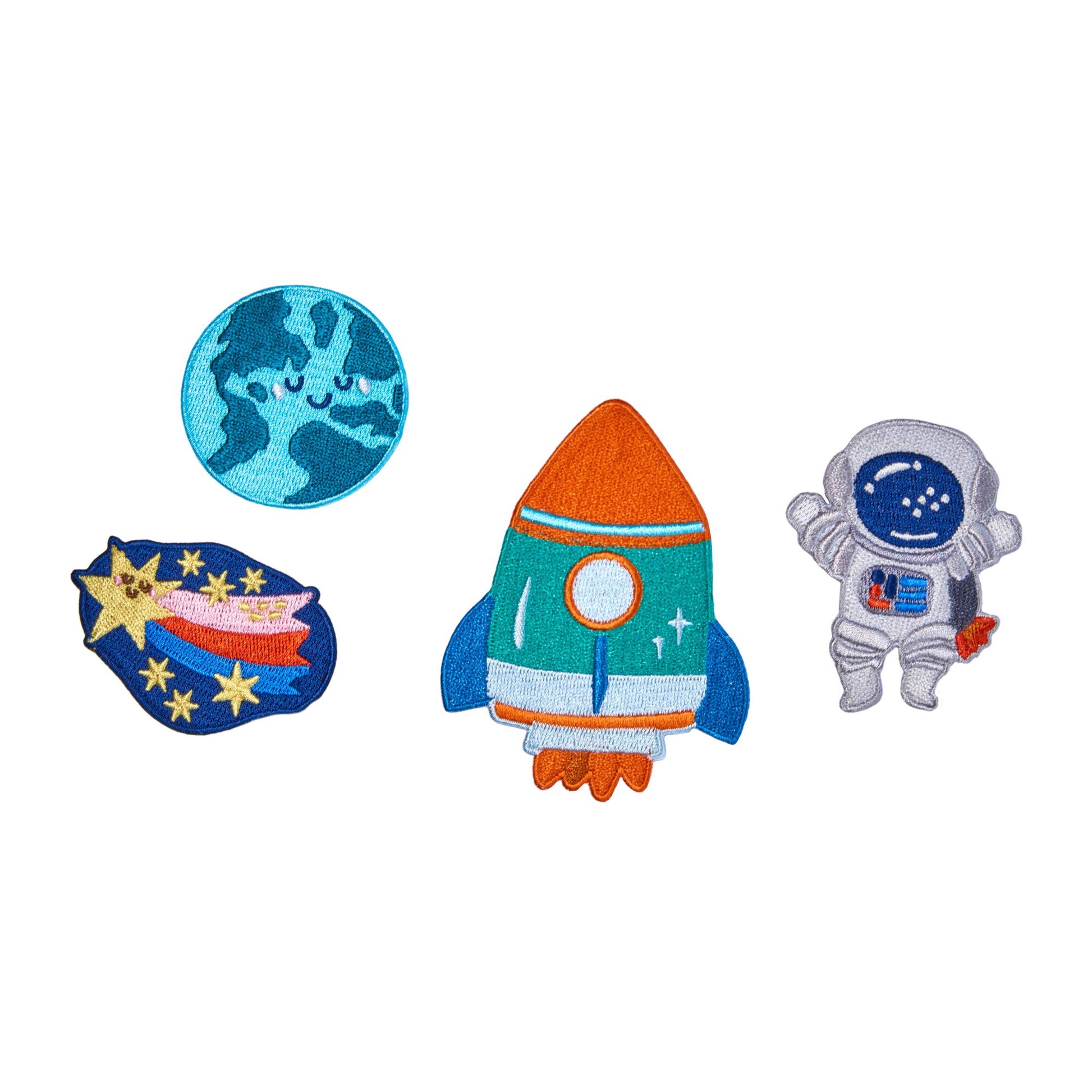 Space Explorers swappable backpack patch pack featuring a rocket, astronaut, shooting star and Earth